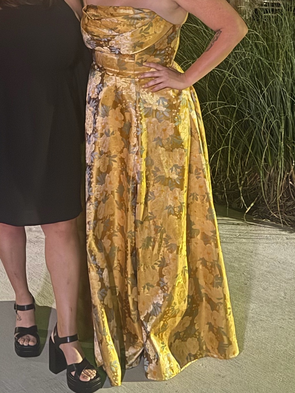 Azazie Strapless Floral Brocade Gown in Gold and yellow
